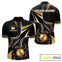 Load image into Gallery viewer, Black and gold bowling ball quarter zip bowling shirt for men, custom bowling team jersey and tournament apparel.