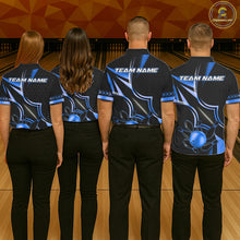 Load image into Gallery viewer, Back view of bowling team wearing matching black and blue bowling league jerseys.