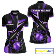 Load image into Gallery viewer, Black and purple quarter zip bowling shirt for women, custom bowling team jersey and tournament apparel.