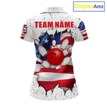 Load image into Gallery viewer, White grunge American flag bowling team polo shirt for women with distressed USA flag graphics.