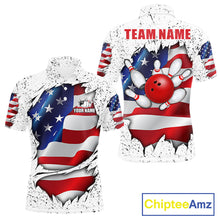 Load image into Gallery viewer, White grunge American flag custom bowling polo shirt for men, patriotic bowling team jersey for league tournaments.