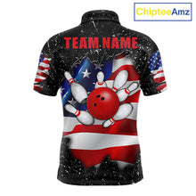 Load image into Gallery viewer, Black grunge American flag bowling team polo shirt for men with distressed USA flag graphics.