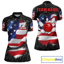 Load image into Gallery viewer, Black grunge American flag quarter zip bowling shirt for women, custom bowling team jersey and tournament apparel.