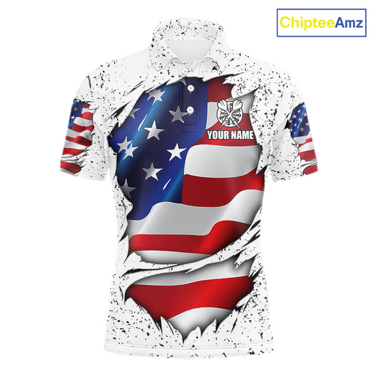 White grunge American flag custom darts polo shirt for men, patriotic darts team jersey for league tournaments.
