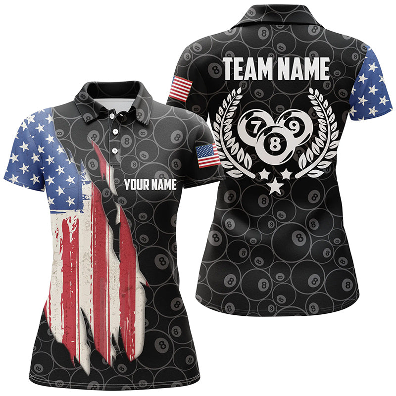 Billiard 8 Ball Pattern American Flag Custom Name Polo Shirts For Women, Basis Design For Player TDM0204