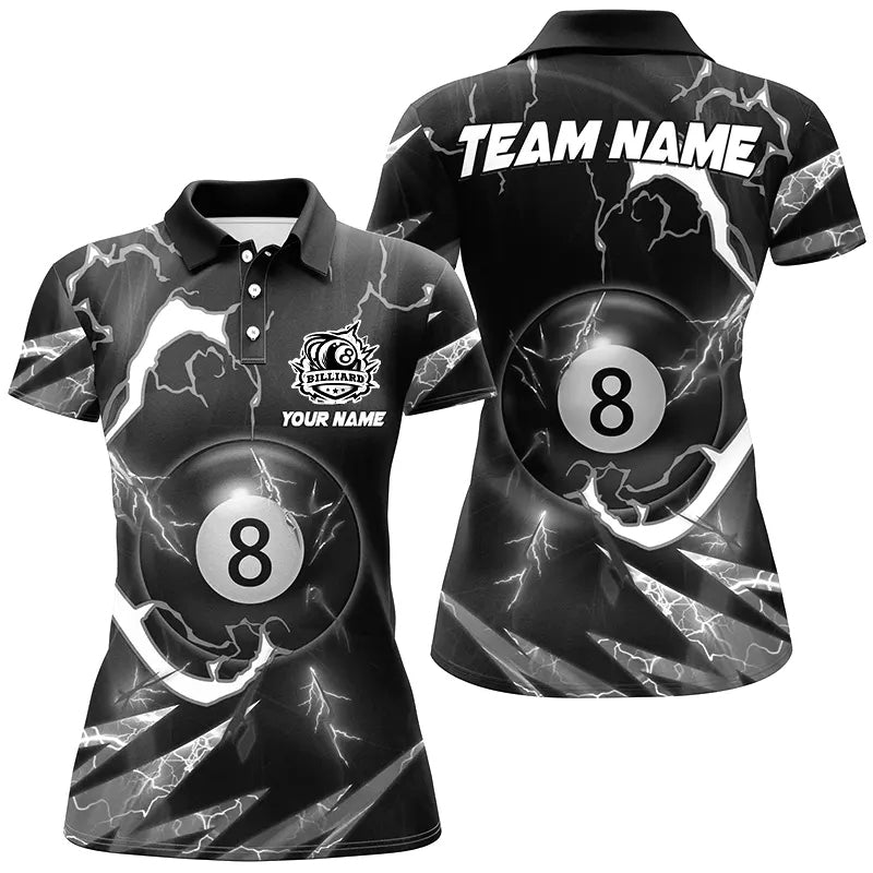 Personalized Black 8 Ball Pool Billiard Shirts For Women Custom Thunder Lightning Pool Jerseys TDM2588