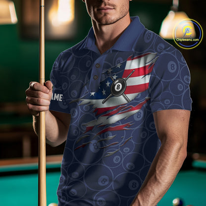 Navy Blue American Flag 8 Ball Billiard Jersey For Men Custom Patriotic Pool Team Shirts TDM7669