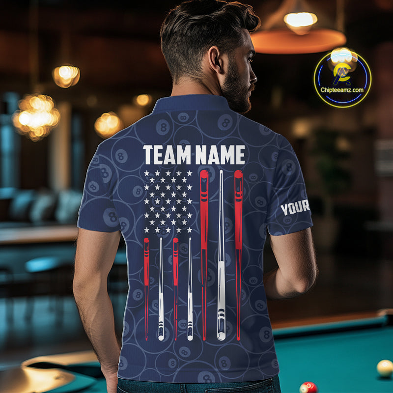 Navy Blue American Flag 8 Ball Billiard Jersey For Men Custom Patriotic Pool Team Shirts TDM7669