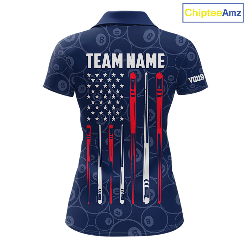 Navy Blue American Flag 8 Ball Billiard Jersey For Women Custom Patriotic Pool Team Shirts TDM7669