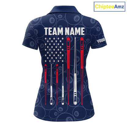 Navy Blue American Flag 8 Ball Billiard Jersey For Women Custom Patriotic Pool Team Shirts TDM7669