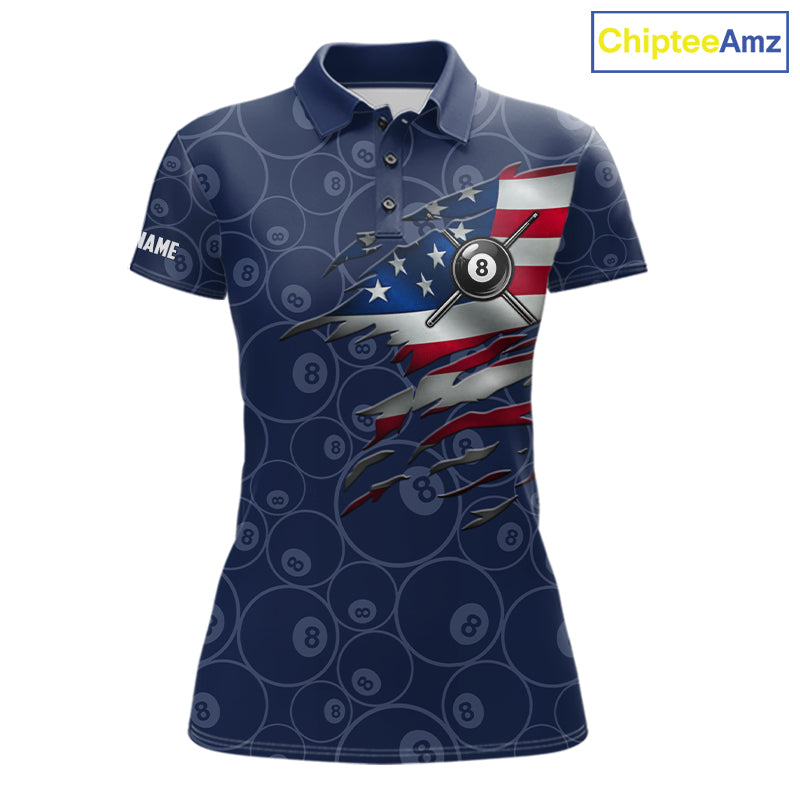 Navy Blue American Flag 8 Ball Billiard Jersey For Women Custom Patriotic Pool Team Shirts TDM7669