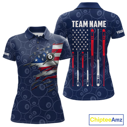 Navy Blue American Flag 8 Ball Billiard Jersey For Women Custom Patriotic Pool Team Shirts TDM7669