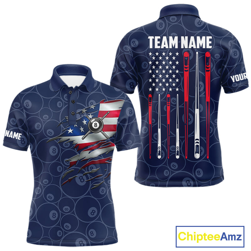 Navy Blue American Flag 8 Ball Billiard Jersey For Men Custom Patriotic Pool Team Shirts TDM7669