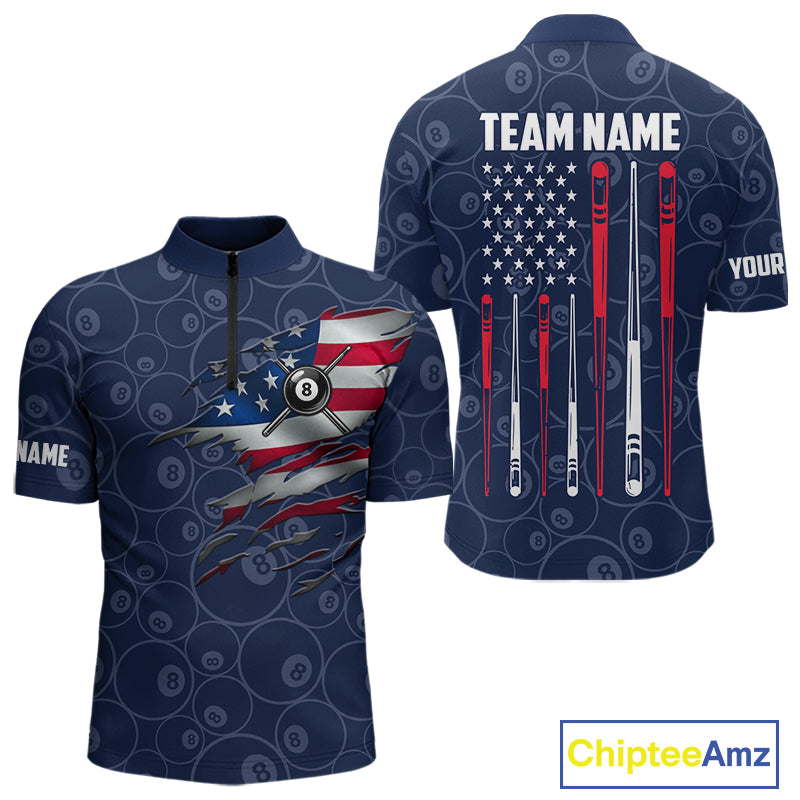 Navy Blue American Flag 8 Ball Billiard Jersey For Men Custom Patriotic Pool Team Shirts TDM7669