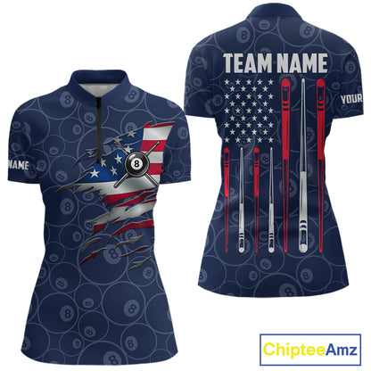 Navy Blue American Flag 8 Ball Billiard Jersey For Women Custom Patriotic Pool Team Shirts TDM7669