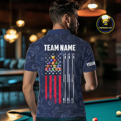 Navy Blue Grunge American Flag Billiard Shirts For Men Custom Patriotic 8 Ball Pool Team Jersey TDM7670