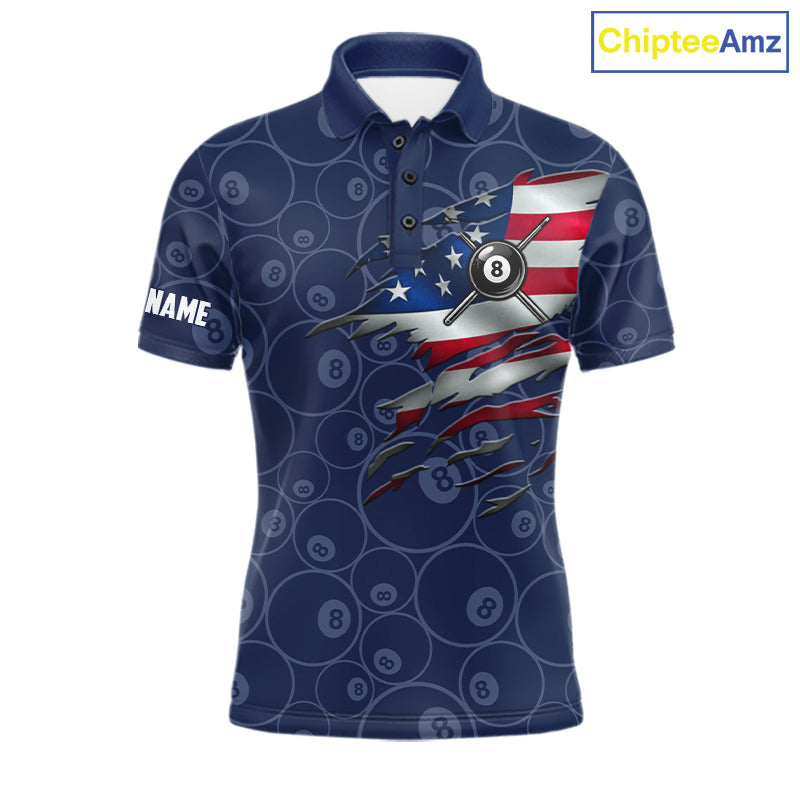 Navy Blue Grunge American Flag Billiard Shirts For Men Custom Patriotic 8 Ball Pool Team Jersey TDM7670