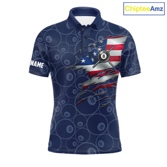 Navy Blue Grunge American Flag Billiard Shirts For Men Custom Patriotic 8 Ball Pool Team Jersey TDM7670