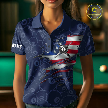 Navy Blue Grunge American Flag Billiard Shirts For Women Custom Patriotic 8 Ball Pool Team Jersey TDM7670