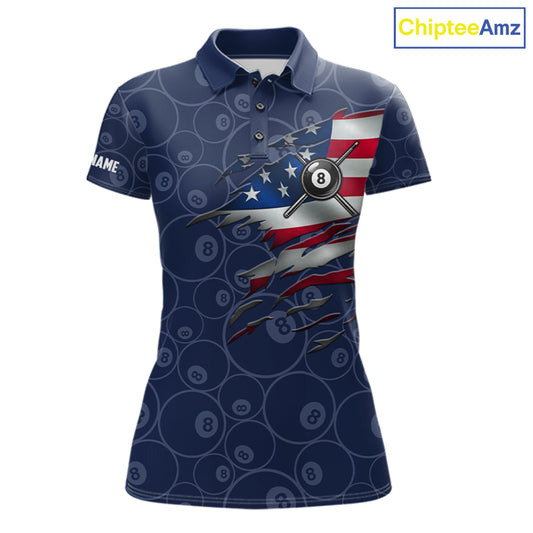 Navy Blue Grunge American Flag Billiard Shirts For Women Custom Patriotic 8 Ball Pool Team Jersey TDM7670