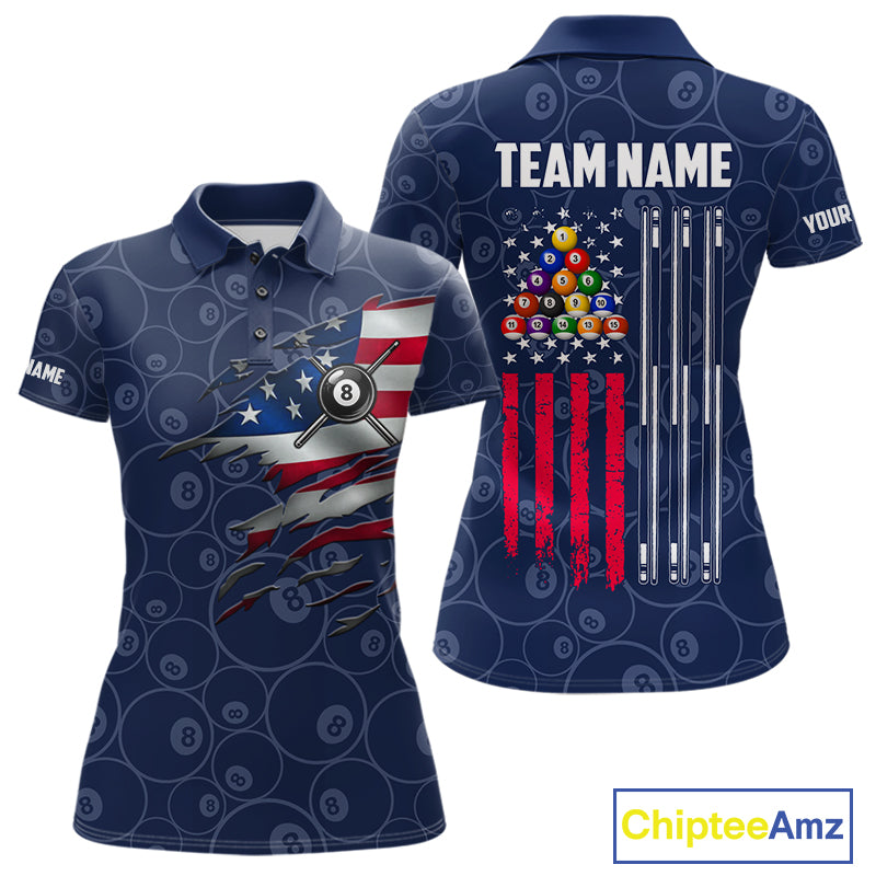 Navy Blue Grunge American Flag Billiard Shirts For Women Custom Patriotic 8 Ball Pool Team Jersey TDM7670