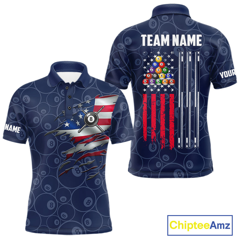 Navy Blue Grunge American Flag Billiard Shirts For Men Custom Patriotic 8 Ball Pool Team Jersey TDM7670
