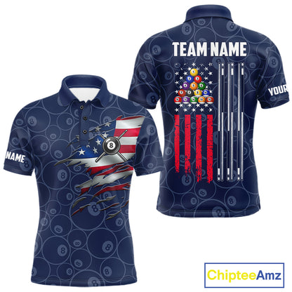 Navy Blue Grunge American Flag Billiard Shirts For Men Custom Patriotic 8 Ball Pool Team Jersey TDM7670