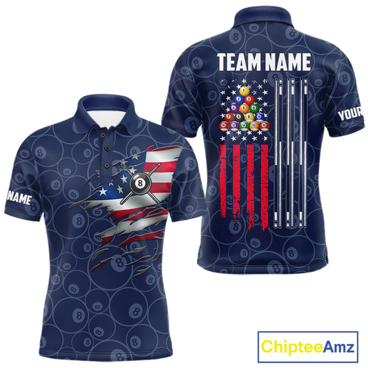 Navy Blue Grunge American Flag Billiard Shirts For Men Custom Patriotic 8 Ball Pool Team Jersey TDM7670