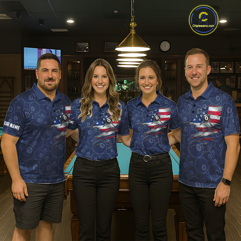 Navy Blue Grunge American Flag Billiard Shirts For Men Custom Patriotic 8 Ball Pool Team Jersey TDM7670