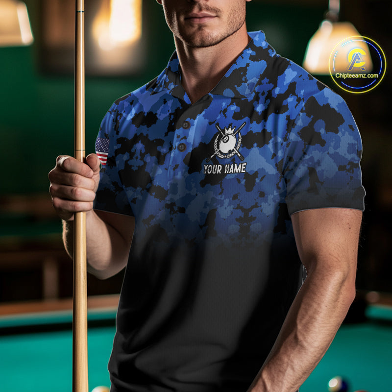 Black And Blue Camo US Flag 8 Ball Billiard Jersey For Men Custom Patriotic Pool Team Shirts TDM7671