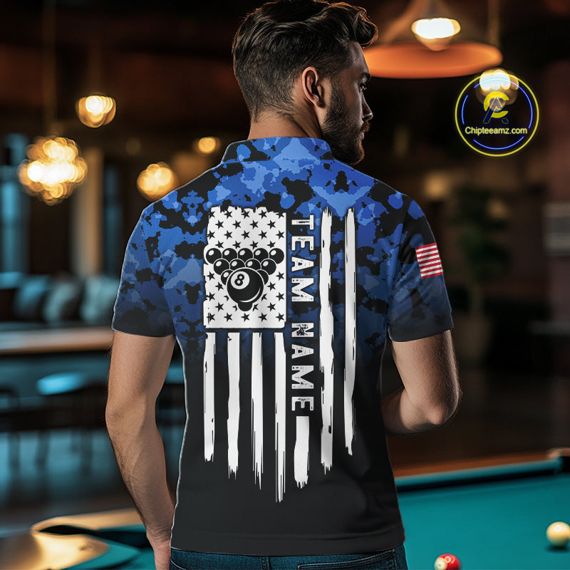 Black And Blue Camo US Flag 8 Ball Billiard Jersey For Men Custom Patriotic Pool Team Shirts TDM7671