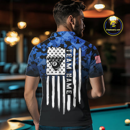 Black And Blue Camo US Flag 8 Ball Billiard Jersey For Men Custom Patriotic Pool Team Shirts TDM7671