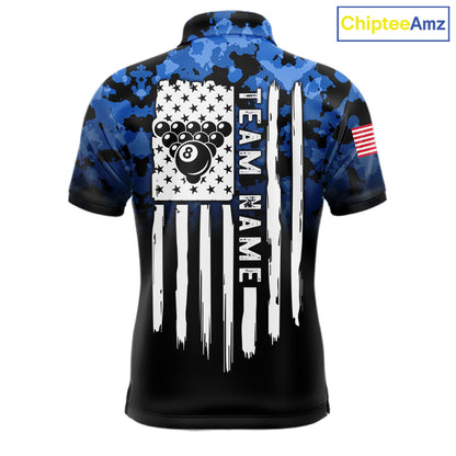 Black And Blue Camo US Flag 8 Ball Billiard Jersey For Men Custom Patriotic Pool Team Shirts TDM7671