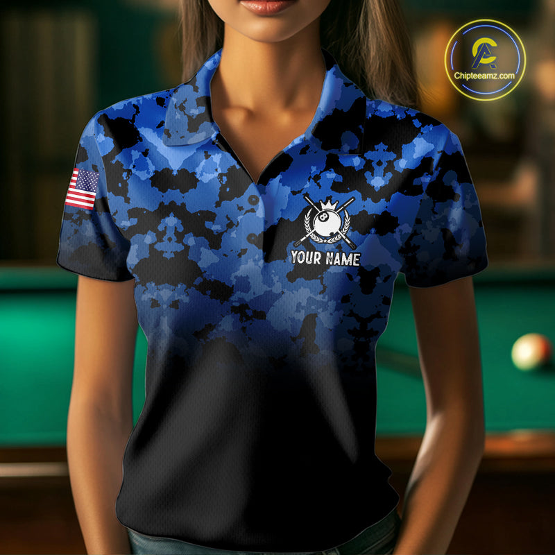 Black And Blue Camo US Flag 8 Ball Billiard Jersey For Women Custom Patriotic Pool Team Shirts TDM7671