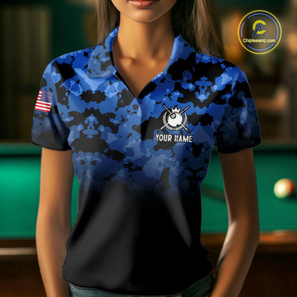 Black And Blue Camo US Flag 8 Ball Billiard Jersey For Women Custom Patriotic Pool Team Shirts TDM7671