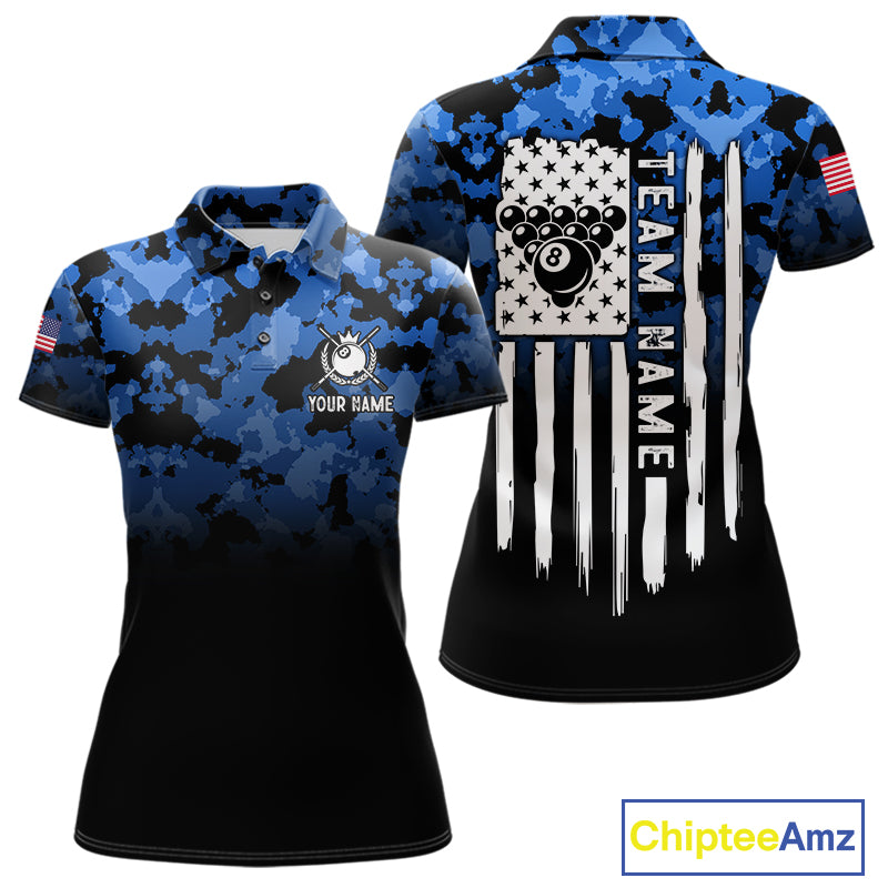 Black And Blue Camo US Flag 8 Ball Billiard Jersey For Women Custom Patriotic Pool Team Shirts TDM7671
