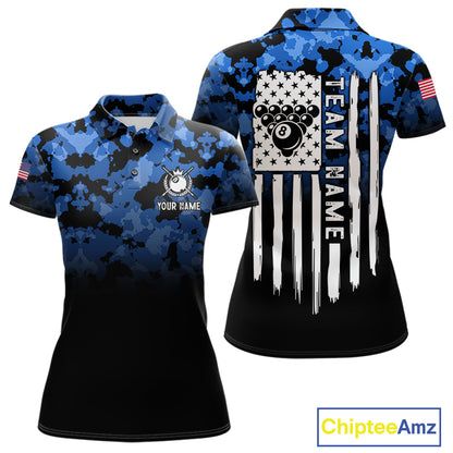 Black And Blue Camo US Flag 8 Ball Billiard Jersey For Women Custom Patriotic Pool Team Shirts TDM7671