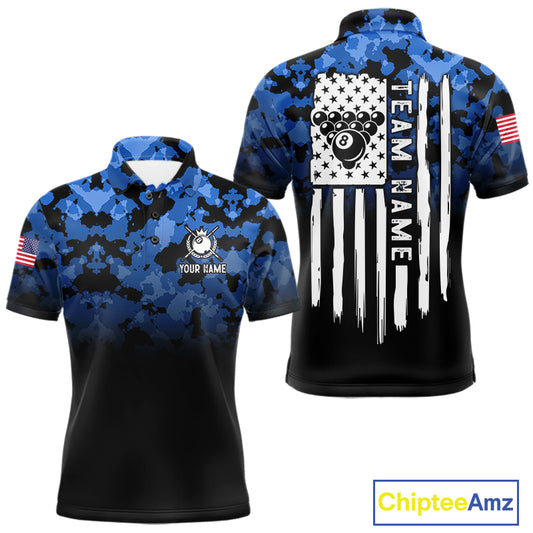 Black And Blue Camo US Flag 8 Ball Billiard Jersey For Men Custom Patriotic Pool Team Shirts TDM7671