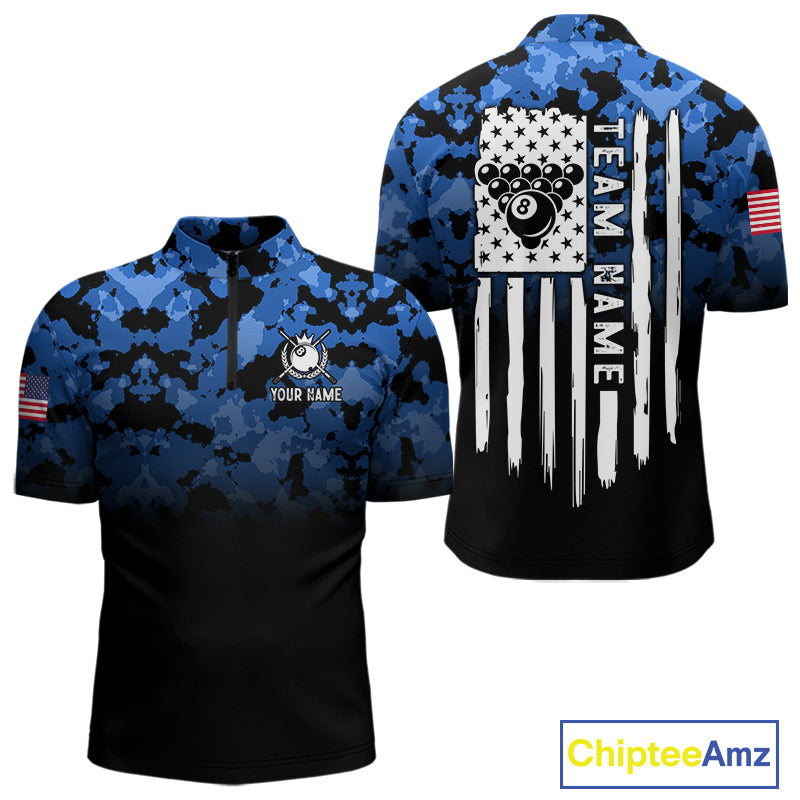 Black And Blue Camo US Flag 8 Ball Billiard Jersey For Men Custom Patriotic Pool Team Shirts TDM7671