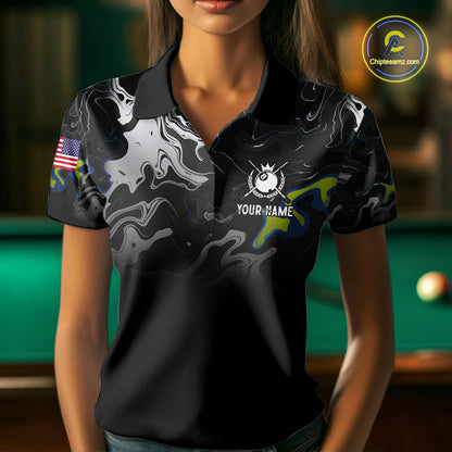 Black And White Camo US Flag 8 Ball Billiard Jersey For Women Custom Patriotic Pool Team Shirts TDM7672