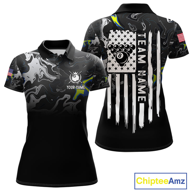 Black And White Camo US Flag 8 Ball Billiard Jersey For Women Custom Patriotic Pool Team Shirts TDM7672
