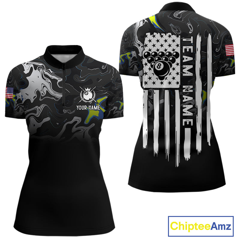 Black And White Camo US Flag 8 Ball Billiard Jersey For Women Custom Patriotic Pool Team Shirts TDM7672