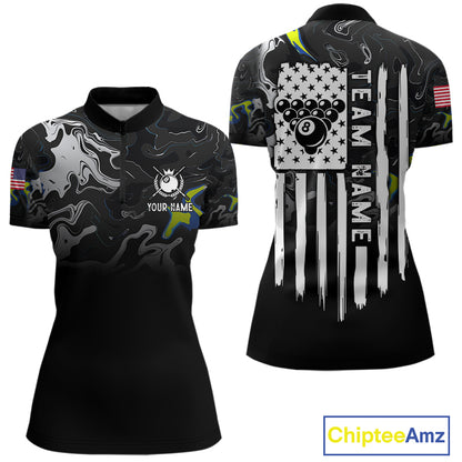 Black And White Camo US Flag 8 Ball Billiard Jersey For Women Custom Patriotic Pool Team Shirts TDM7672