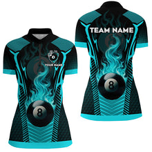 Load image into Gallery viewer, Turquoise 8 Ball Pool Fire Flame Custom 3D Billiard Shirts For Women, Billiard Sport Team Jerseys TDM2847