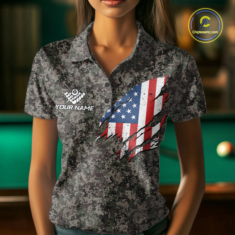 Personalized Retro Camo US Flag Billiard Shirts For Women Custom Eagle 8 Ball Pool Team Jersey TDM7987