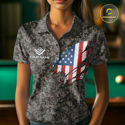 Personalized Retro Camo US Flag Billiard Shirts For Women Custom Eagle 8 Ball Pool Team Jersey TDM7987