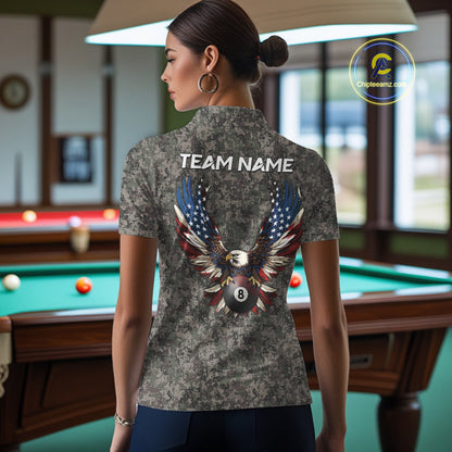 Personalized Retro Camo US Flag Billiard Shirts For Women Custom Eagle 8 Ball Pool Team Jersey TDM7987
