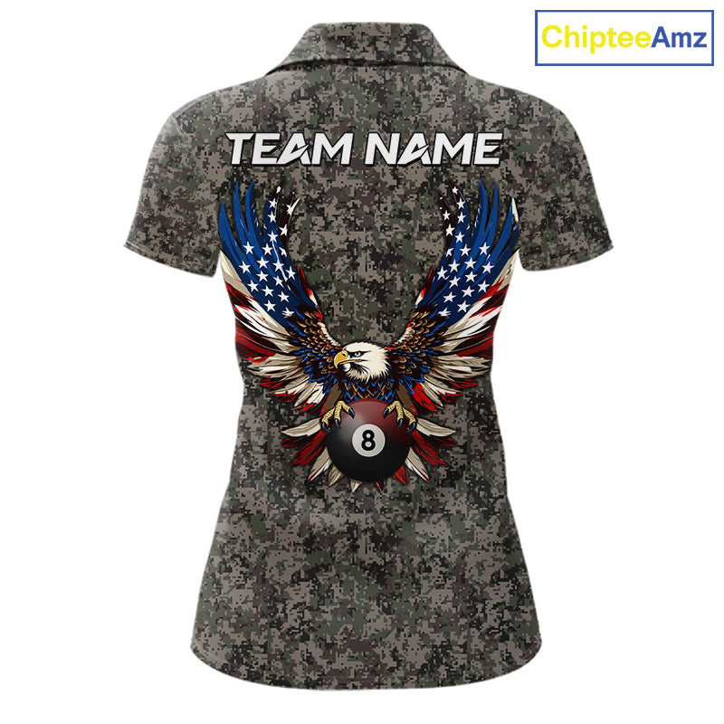 Personalized Retro Camo US Flag Billiard Shirts For Women Custom Eagle 8 Ball Pool Team Jersey TDM7987