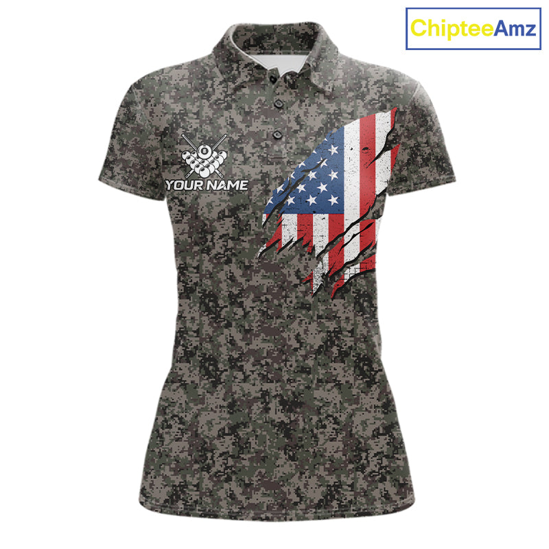 Personalized Retro Camo US Flag Billiard Shirts For Women Custom Eagle 8 Ball Pool Team Jersey TDM7987