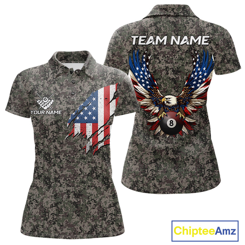 Personalized Retro Camo US Flag Billiard Shirts For Women Custom Eagle 8 Ball Pool Team Jersey TDM7987